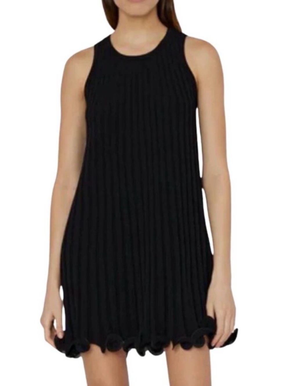 MILLY Black Ribbed Knit Sleeveless Wired Edge Ruffle Trim Swing Mini Dress Small